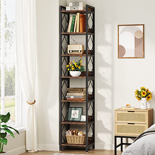 Tall Narrow Bookshelf 78.7 Inch - Rustic Brown, Space-Saving Corner Bookcase