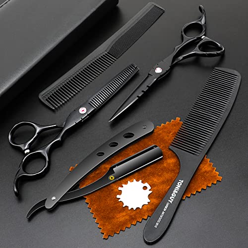 Professional Black Hair Cutting Scissors Sets Stainless Steel Barber Hairdressing Scissors Salon Multifunctional Thinning Scissors Straight Shears Tools for Mother Father Friends' Christmas Gift