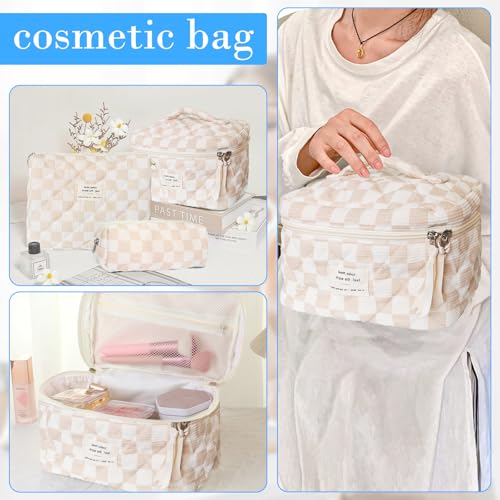Cozomga 3pcs Brown Checkered Quilted Makeup Bag Set - Travel & Daily Organizers