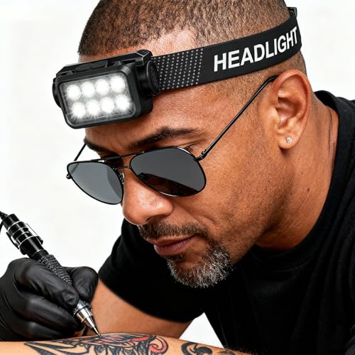 Rechargeable LED Headlamp with Motion Sensor & Polarized Glasses for Tattoo Artists - 2500 Lumens - 1 Headlamp
