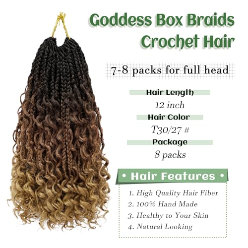 Pre-Looped Goddess Box Braids Crochet Hair 12 Inch - Bohemian Style, 8 Packs - Variation #1B/30/27