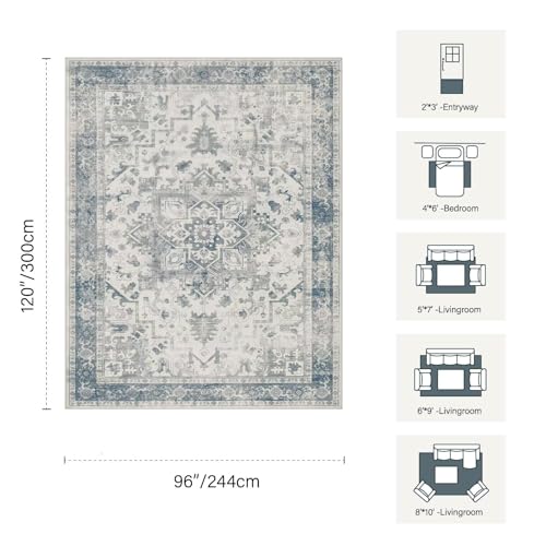 8x10 Blue & Grey Boho Vintage Area Rug - Machine Washable, Non-Slip, Low-Pile for Living Room