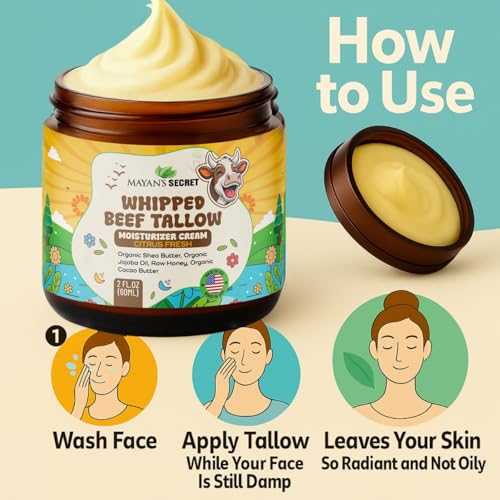 Mayan's Secret Beef Tallow Whipped Moisturizer ? Grass Fed with Jojoba, Shea & Cacao Butter, Raw Honey ? Hydrates Dry & Sensitive Skin ? USA Made, Citrus Fresh (2 Ounce (Pack of 2))