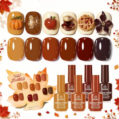 Fall Gel Polish Set - 6 Cozy Mocha Cocoa Shades with Fall Collection and Color Swatch Card - Brown Variation