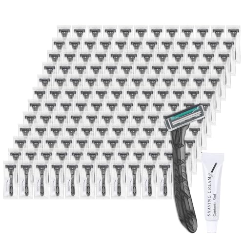 Disposable Razors Bulk, Gray Razors Individually Wrapped Bulk, With Shaving Cream For Hotels, Shelters, Homeless, Nursing Homes, Charities, Churches (100-PACK)