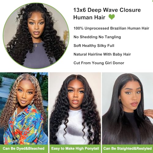 Deep Wave HD Transparent Lace Closure 13x6 16 Inch Natural Black Virgin Human Hair