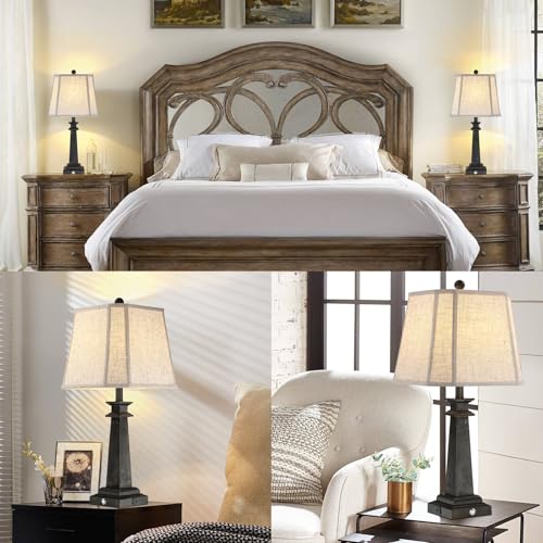 Farmhouse Black Table Lamps Set of 2 - 27.5 inch Touch Dimmable Nightstand Lamps with USB Ports - Vintage Linen Shade