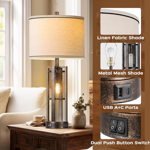 PARTPHONER 28'' Set of 2 Farmhouse Industrial Nightstand Lamps with USB Ports - Bronze