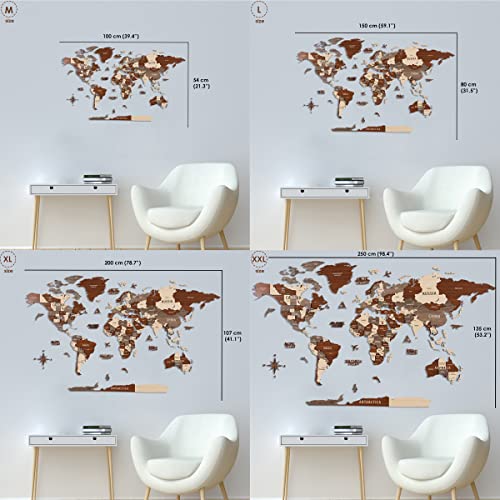 Multilayer 3D Wooden World Map Wall Decor - Travel & Office Gift, Mixed, 39.4 x 21.3 inches