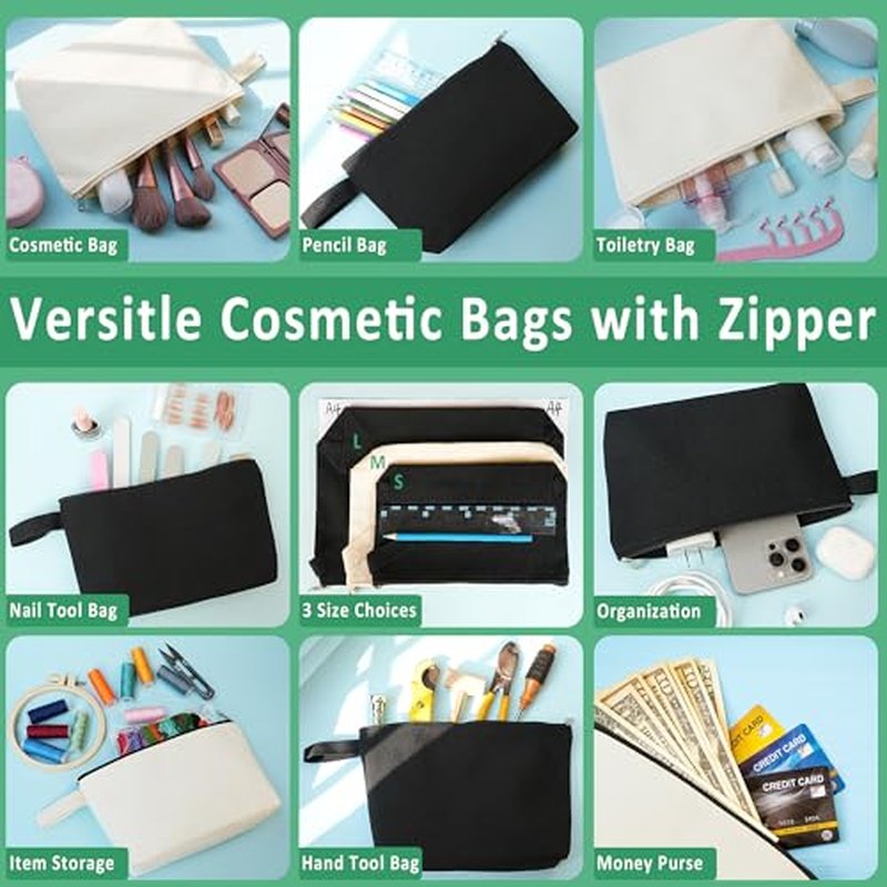 Canvas Zipper Pouch Bulk, Blank DIY Craft Case Blank Makeup Bag, Canvas Pencil Pouch Cosmetic Bag Multi-Purpose Travel Toiletry Zipper Bags (Beige, S, 9x4.7x1.5'')