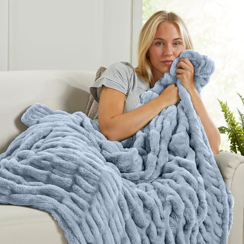 Powder Blue Micro Plush Throw Blanket - Thick Faux Fur, 50x60 Inches