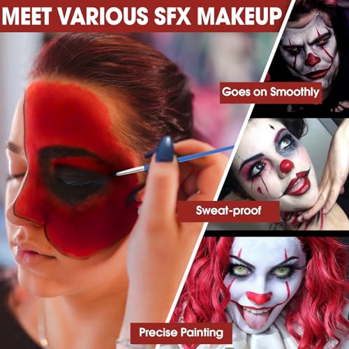 3 Colors Face & Body Paint [Black, White, Red] + 3pc Sponge & Brush, Baseball Eye Black for Sports Face-Painting, Halloween Makeup Kit for Zombie, Clown, Vampire, Skeleton, Joker Costume Makeup