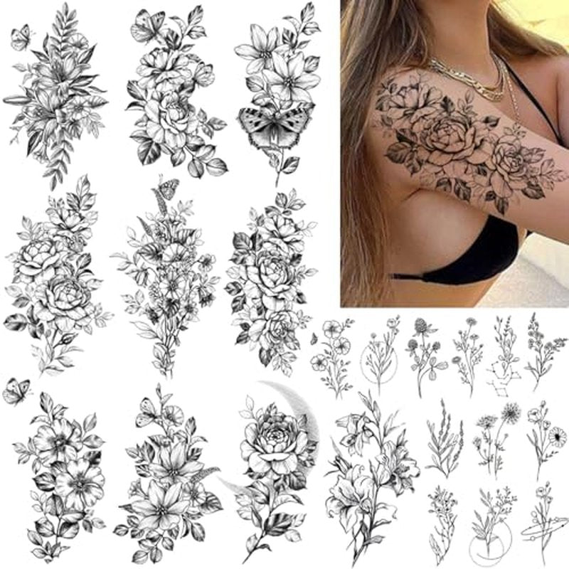 23 Sheets Flower Temporary Tattoos For Women - Waterproof Realistic Rose Orchid Tattoos Tiny Branch Sketch Fake Tattoos for Women Body Art Arm Neck Hands