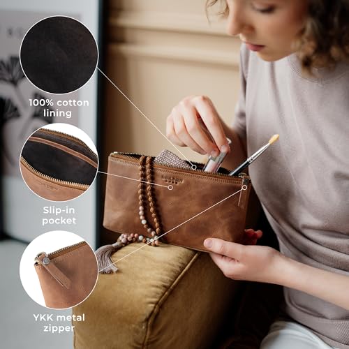BERLINER BAGS Genuine Leather Makeup Bag Anna, Cosmetic Bag for Purse, Travel and Cosmetics Pouch with Zipper for Women (Camel, S)