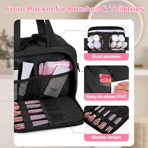 Travel Toiletry Bag, Large Wide-open Travel Bag for Women with 1 Toiletries Travel Bottles, 3 Portable Toothbrush Cases, Makeup Bag Organizer with Handle for Accessories,Essentials, Toiletries, Black