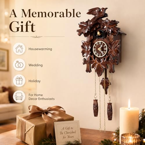 Handmade Wooden Cuckoo Clock - Black Forest Wall Clock with Automatic Night Silence