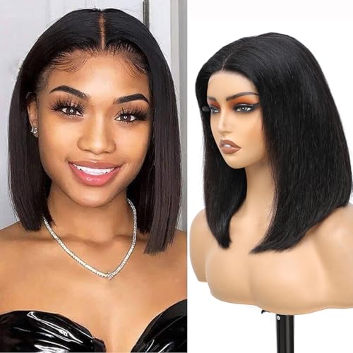 HWOWig 16 Inch Human Hair Bob Wig - Pre Plucked, Short Straight Lace Closure Wig for Black Women