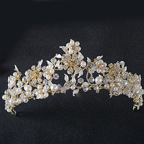 Vintage Gold Flower Bead Bridal Wedding Tiara Headband for Women