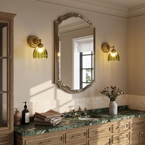 Gold + Green Tulip Glass Battery-Operated Wall Sconce 2-Pack - Vintage Wall Light with Remote & Dimming