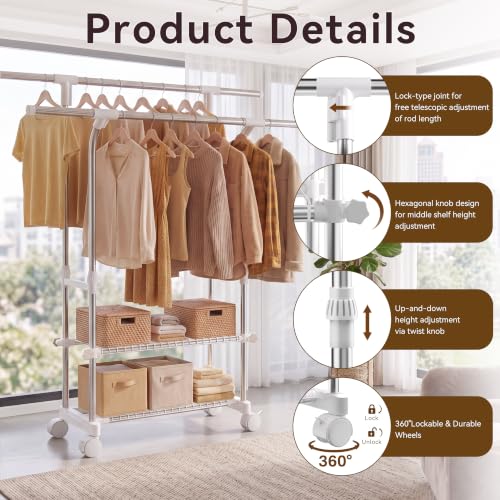 Heavy-Duty Double Rod Rolling Clothes Rack with Shelves - Adjustable, 155 lbs Capacity