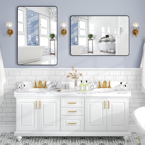 36x24 Bathroom Vanity Mirror with Black Aluminum Frame, Rectangular Wall Mirror with Rounded Corners