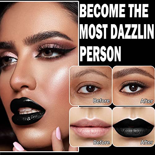 CAHIUYOA Black Matte Lipstick Lip Liner Set,Liquid Lipstick Lip Gloss Smudge Proof for Halloween Cosplay Goth Makeup,Waterproof and Long Lasting Black Lip Liner and Lipstick Set