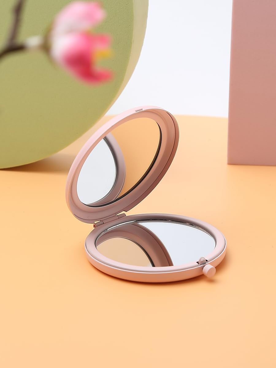 Double-Sided 1/2X Magnifying Pocket Makeup Mirror Round Pink