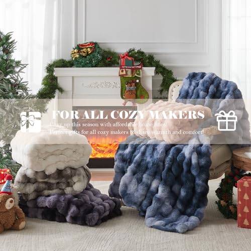 Faux Fur Queen Blanket for Couch - Ivory White 90x90cm Cozy Fuzzy Plush Throw