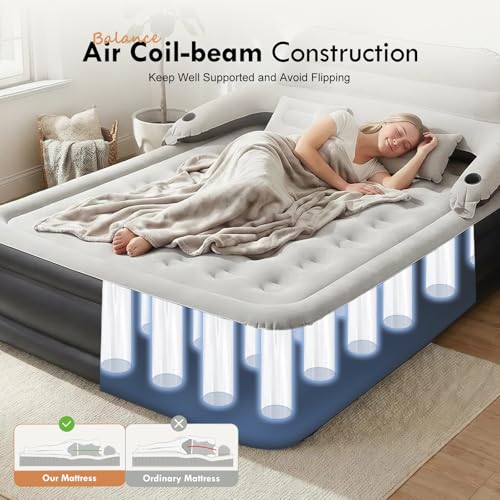Queen Air Mattress with Headboard and Pump - Inflatable Bed with Pillows