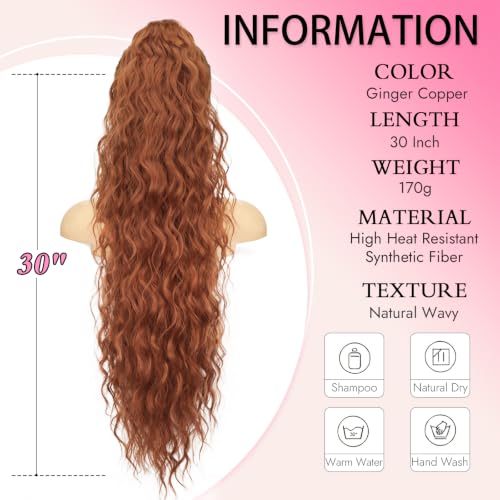 Isaic 30 Inch Claw Clip Ponytail Extension Ginger Copper - Volumizing Wavy Hairpiece for Thin Hair