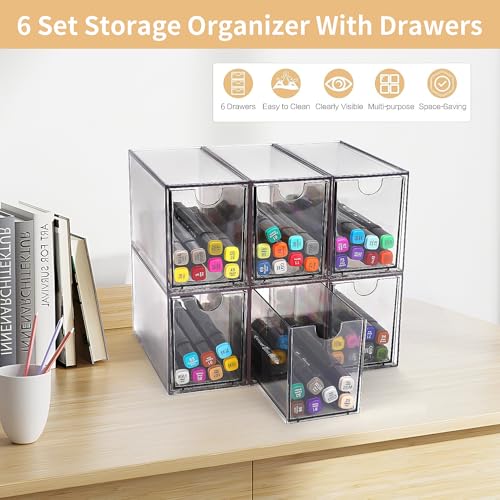 WUHUME A2 6-Piece Stackable Plastic Drawer Storage Organizer - Clear