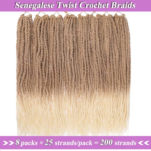 ZRQ 8 Pack Senegalese Twist Crochet Hair 18 Inch Ombre Blonde Pre Looped Synthetic Braids – Small Havana Twist for Women & Kids, 27/613#