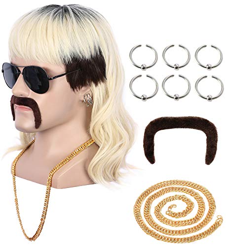 Men's Rock Star Style Blonde Mullet Wig - 70s 80s Long Black Roots Costume Hair