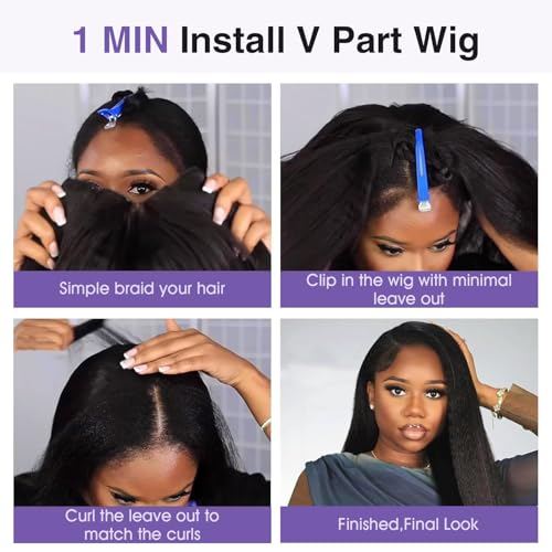 Natural Black 20in Kinky Straight V-Part Wig 180% Density, Glueless U Part Short Clip-In