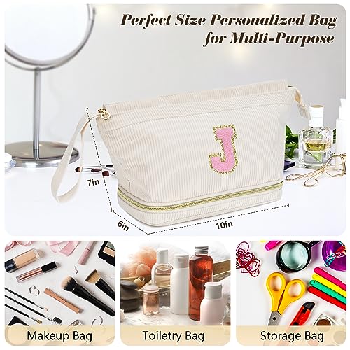 Personalized Makeup Bag for Girls - Initial Women Travel Cosmetic Organizer, Double Layer with Brush Holder - L