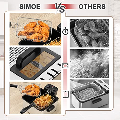 SIMOE 5.3QT Deep Fryer with Basket - 5L Silver, Adjustable Temperature