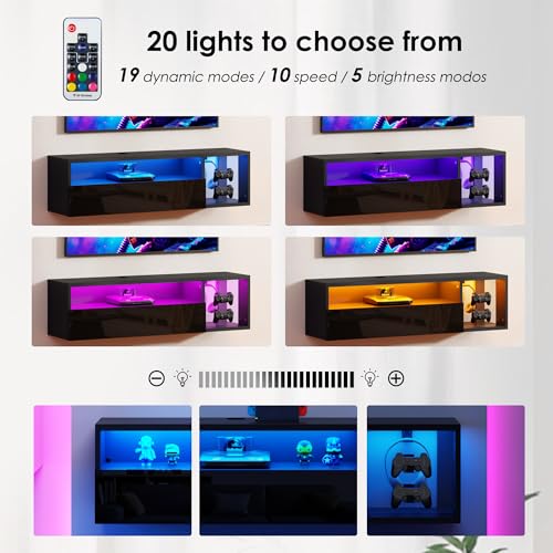 40-Inch Black Floating Wall-Mounted LED TV Stand with Lights - SogesPower
