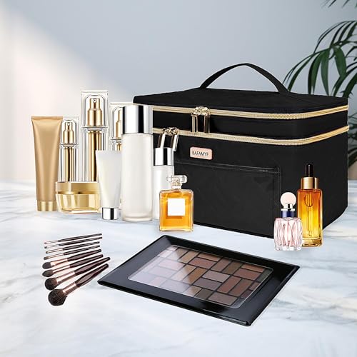 Large Travel Makeup Bag with Multiple Compartments and Brush Holder