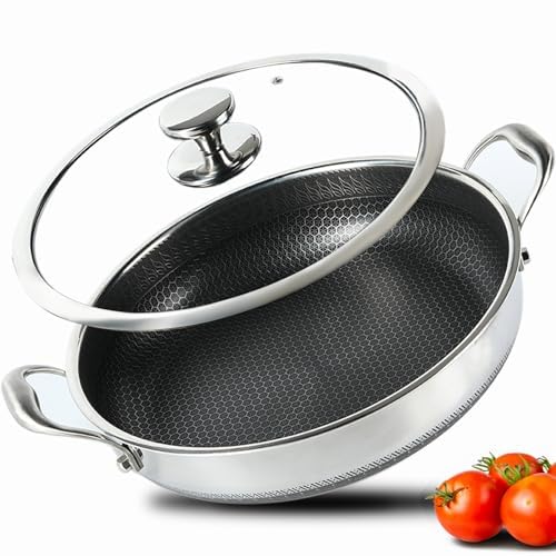 Large 13-Inch Stainless Steel Hybrid Nonstick Deep Frying Pan 7.2QT - Hexagonal Design