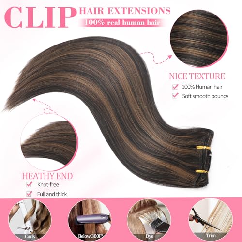Clip in Hair Extensions 14 Inch Balayage Natural Black to Chestnut Brown - Seamless Human Hair