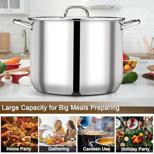 24 Qt Stainless Steel Stock Pot with Lid – Large Cooking Soup Pot for Home & Commercial Use
