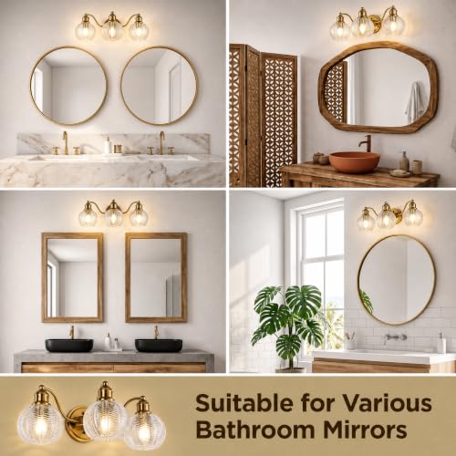 Gold 3-Light Vintage Bathroom Vanity Light Fixture with Clear Globe Shades - Reversible Wall Sconce