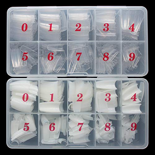 French Acrylic False Nail Tips, 1000PCS Fake Nail Shape Artificial False Nails Tips 10 Sizes with Case for Nail Art Salons (Clear+Natural)