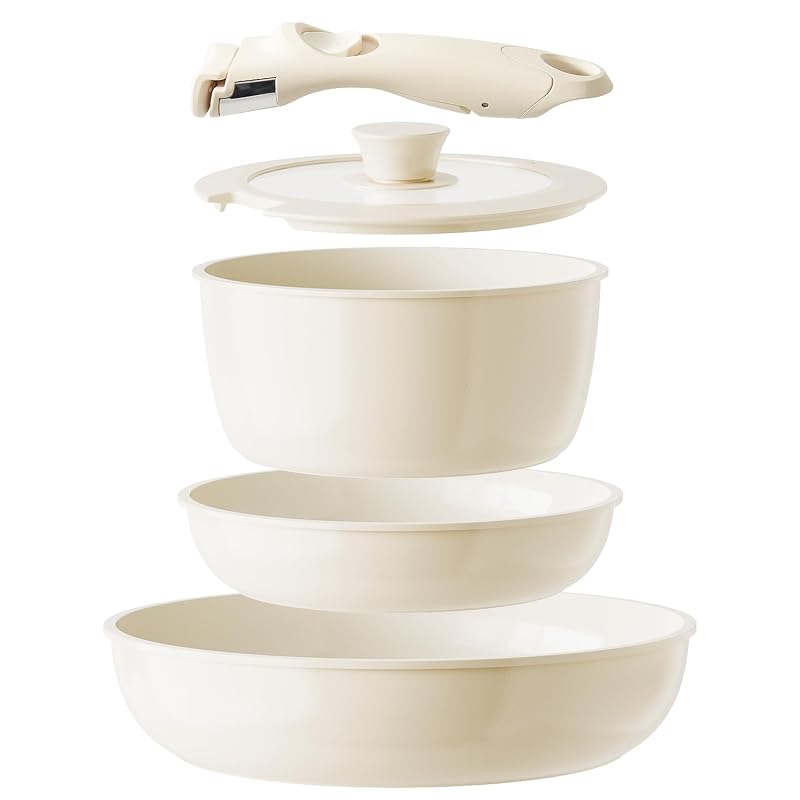 Redchef Ceramic Nonstick Pots & Pans Set with Detachable Handles - 5 Pcs, Beige/White