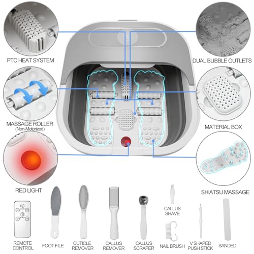 Collapsible Foot Spa Bath with Heat and Massage Rollers, Bubble, Foot Pedicure Kit, Temperature Control, Red Light, Pedicure Foot Spa, Foot Bath