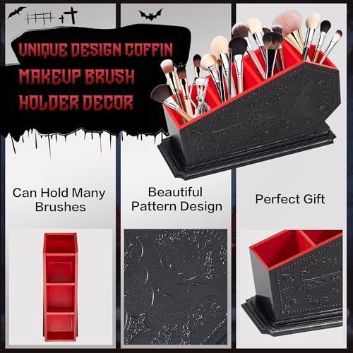 Gothic Coffin Makeup Brush Holder - Red Bat Cosmetic Display Case, Witchy Vanity Organizer