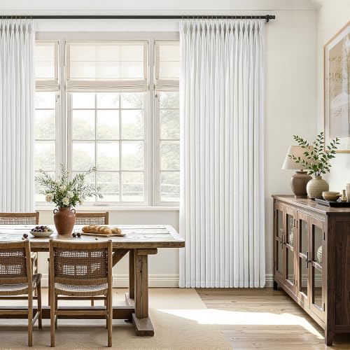 40W x 90L Linen Curtain Set - Natural Cream Triple Pinch Pleated Drapes for Living Room, 2 Panels