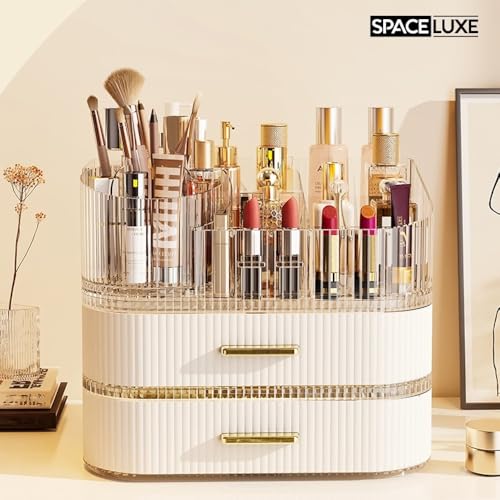 Makeup Organizer with Drawers and 360¡Æ Rotating Brush Holder, Large Capacity Cosmetic Storage for Vanity, Skincare, Perfume, Hair Accessories, Lipstick & Jewelry (Cream White, 3-layer)