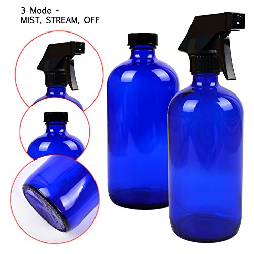 Youngever 8 Pack Empty Cobalt Blue Glass Spray Bottles, 2 Pack 8 Ounce and 6 Pack 4 Ounce Refillable Containers for Essential Oils, Durable Black Trigger Sprayer Fine Mist and Stream