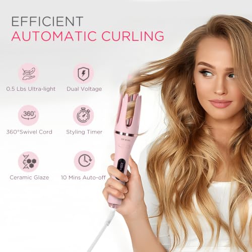 ZZR SEVEN Pink 166 Automatic Curling Iron with Tourmaline Ceramic Coating - Easy 2-Way Rotation for Long-Lasting Beach Waves